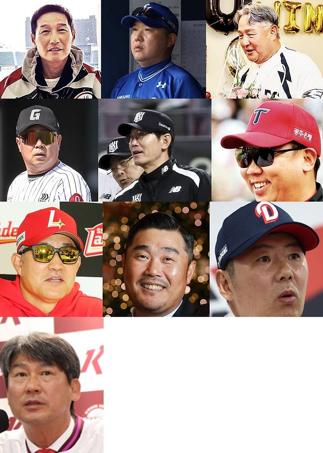 왼쪽 위부터 염경엽 LG 감독·박진만 삼성 감독·김경문 한화 감독·김태형 롯데 감독·이강철 KT 감독·이범호 KIA 감독·이숭용 SSG 감독·이호준 NC 감독·김원형 두산 감독·설종진 키움 감독. 각 구단 제공 연합뉴스
