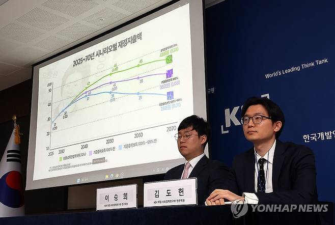 KDI 포커스, '기초연금 선정방식 개편방향은' (세종=연합뉴스) 배재만 기자 = 한국개발연구원(KDI) 이승희(왼쪽), 김도헌 연구위원이 25일 정부세종청사에서 KDI FOCUS '기초연금 선정방식 개편방향'을 발표하고 있다. 2025.2.25 scoop@yna.co.kr