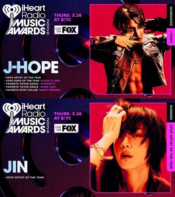 방탄소년단의 제이홉(위)과 진이 '2026 아이하트라디오 뮤직 어워드'의 '올해의 K팝 아티스트' 부문에 후보로 이름을 올렸다. 제이홉은 '올해의 K팝 송', '페이보릿 K팝 컬래버', '페이보릿 틱톡 댄스'에서도 수상 후보로 지목됐다./아이하트라디오