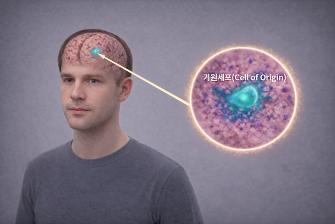 KAIST와 연세대세브란스병원 연구팀이 젊은 층에 흔한 난치성 뇌종양이 멀쩡해 보이는 뇌 속 '기원세포'에서 시작된다는 사실을 처음 밝혔다. 생성형 AI로 만든 이미지, KAIST 제공