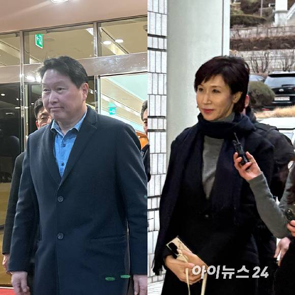 최태원 SK 회장(왼쪽)과 노소영 아트센터 나비 관장. [사진=권서아 기자]