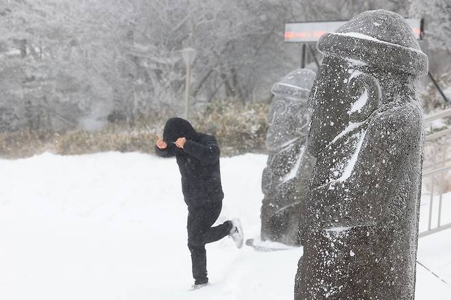 2일 오전 제주 한라산 1100고지에 매서운 눈보라가 몰아치고 있다. 연합뉴스