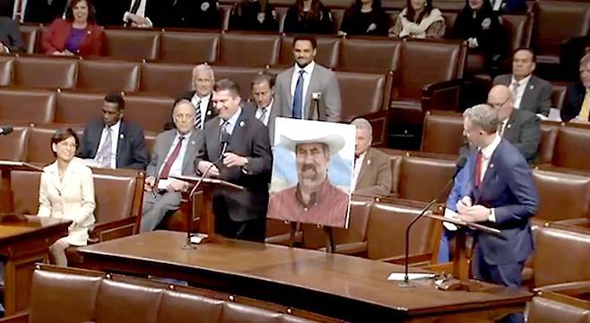 Rep. Young Kim, far left, finishes speaking as Rep. Blake Moore, far right, speaks during a House session at the U.S. Capitol in Washington on Jan. 8. [SCREEN CAPTURE]