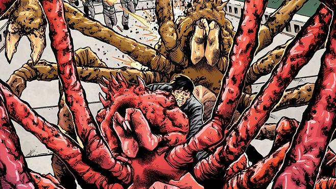 북한에서 TV로 몰래 해외 방송을 봤다는 이유로 보위부에 끌려가 고문당하다가 초대형 게를 불러낼 수 있는 능력으로 탈북에 성공하는 수퍼히어로 안광조. /DC코믹스