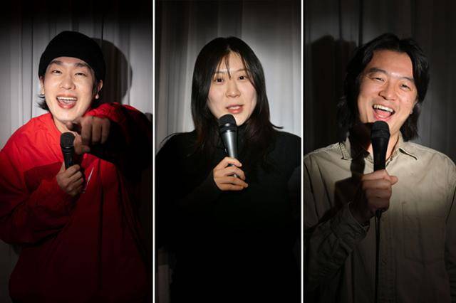 같은 날 서울 성동구 성수동의 한 펍에서 교사 스탠드업 코미디언 허니디(왼쪽부터), 엄마 코미디언 이유진, 목사 코미디언 준태씨가 본보 취재에 응하고 있다. 스누트라는 조명 장비를 활용해 핀 조명을 연출, 촬영했다. 최주연 기자