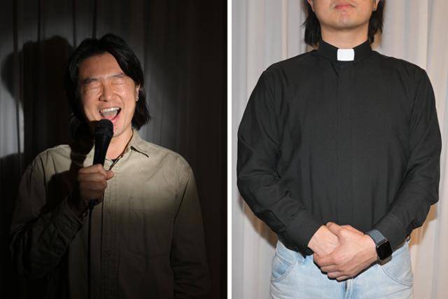 지난해 12월 26일 서울 성동구 성수동의 한 펍에서 목사 스탠드업 코미디언 '준태'가 본보 취재에 응하고 있다. 준태씨가 로만컬러 사제복을 입고 있다(오른쪽 사진). 최주연 기자