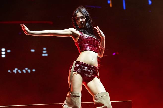 Jennie of girl group Blackpink performs during the first weekend of the Coachella Valley Music and Arts Festival at the Empire Polo Club on April 13, 2025, in California. [AP/YONHAP]