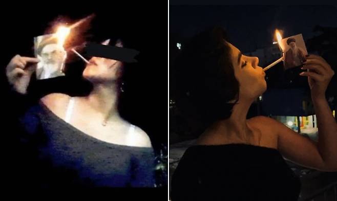 이란 이슬람혁명의 지도자였던 아야톨라 루홀라 호메이니의 사진에 불을 붙여 담배에 불을 붙이는 여성의 모습(왼쪽)과, 이란 최고지도자 아야톨라 알리 하메네이의 사진을 태우는 장면이 소셜미디어를 통해 확산되고 있다. 해당 장면들은 최근 이란 전역에서 이어지는 반정부 시위 속 상징적 저항으로 주목받고 있다. SNS 캡처