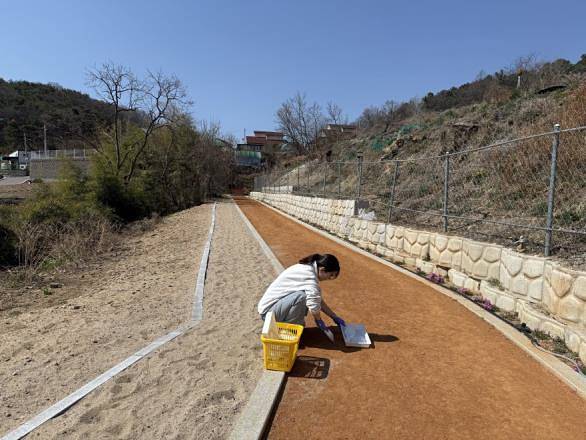 대구시 보건환경연구원 직원이 지역 도심공원 내 조성된 맨발걷기길에서 토양을 채취하고 있다. 대구시 보건환경연구원 제공