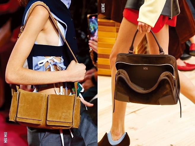 가방 하단에 음각된 로고를 넣은 미우미우(왼쪽)와&nbsp;가방 내부로 로고를 숨긴 로에베.