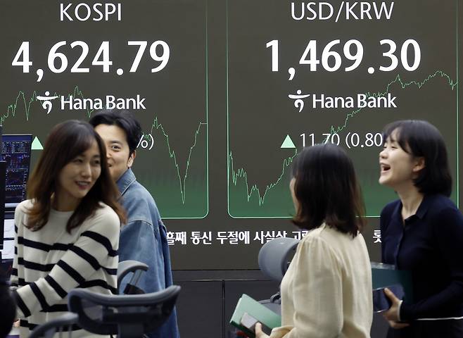 The Kospi is seen at 4,624.79 points on an electric board in Hana Bank's trading room in Jung District, central Seoul, on Jan. 12, up 38.47 points, or 0.84 percent, from the previous trading session. [YONHAP]