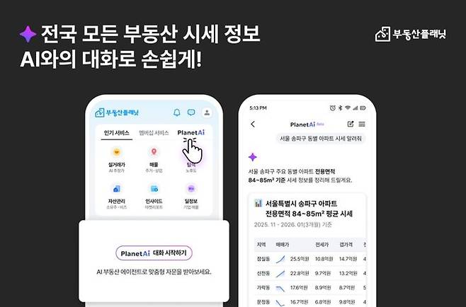[서울=뉴시스] 상업용 부동산 종합 서비스 기업 부동산플래닛은 'AI 시세'와 '실거래가' 정보를 대화형으로 손쉽게 확인할 수 있는 '플래닛AI' 베타 서비스를 개시했다고 12일 밝혔다. (사진=부동산플래닛 제공) 2026.01.12. photo@newsis.com *재판매 및 DB 금지