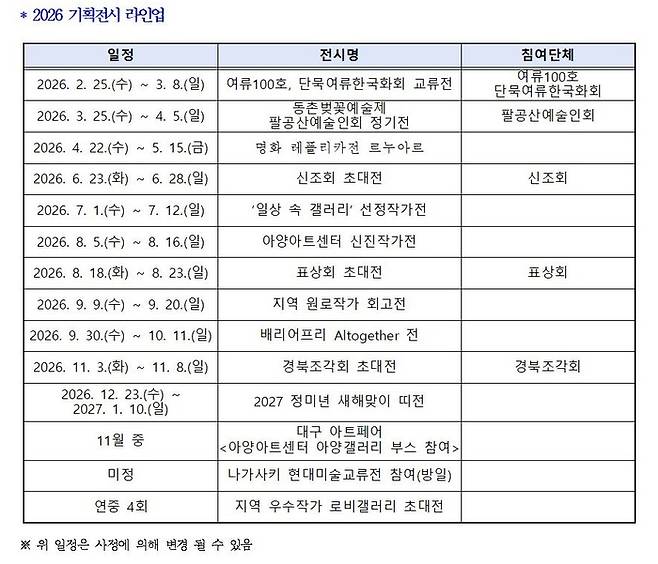 2026 기획전시 라인업 표. <아양아트센터 제공>