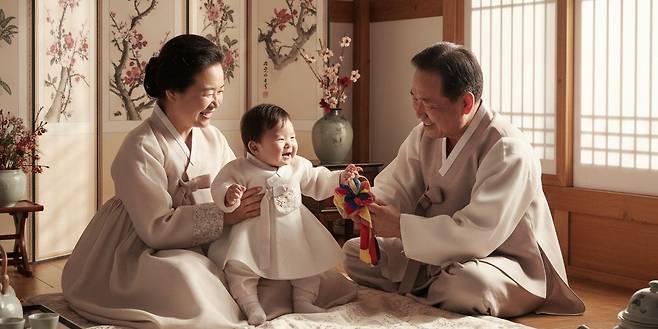 조부모가 손주를 돌보고 있다. 사진=구글 제미나이 AI 생성 이미지