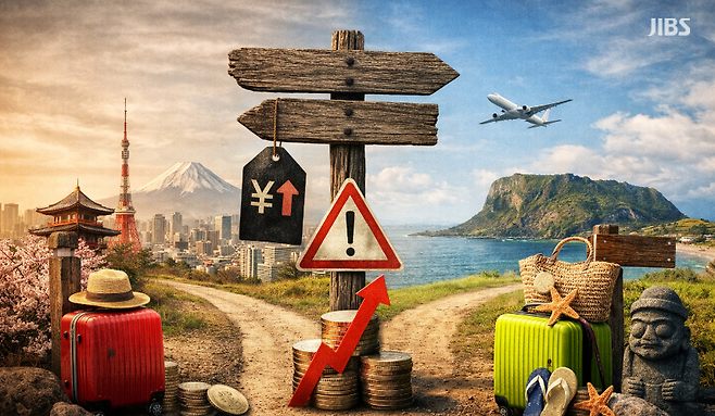 일본과 제주를 잇는 여행 선택의 갈림길을 상징적으로 표현한 이미지.