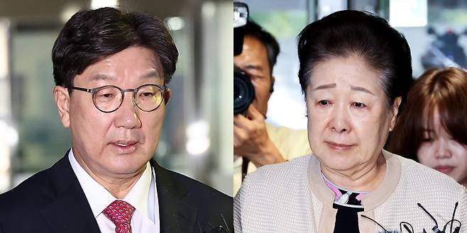 This composite image shows People Power Party Rep. Kweon Seong-dong, left, and Unification Church leader Han Hak-ja [YONHAP]