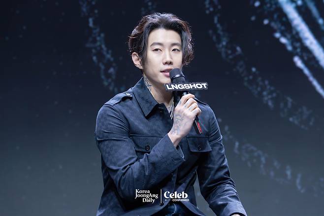 Jay Park speaks during a showcase for boy band LNGSHOT’s debut EP, ″Shot Callers,″ at Myunghwa Live Hall in western Seoul on Jan. 13. [DANIELA GONZALEZ PEREZ]