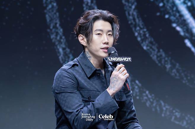 Jay Park speaks during a showcase for boy band LNGSHOT’s debut EP, ″Shot Callers,″ at Myunghwa Live Hall in western Seoul on Jan. 13. [DANIELA GONZALEZ PEREZ]