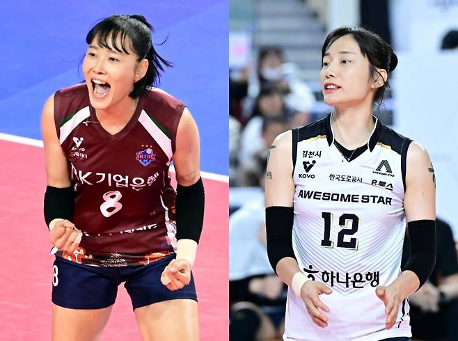 임명옥(IBK기업은행·왼쪽)과 문정원(한국도로공사). 한국배구연맹(KOVO) 제공