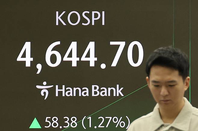 12일 서울 중구 하나은행 딜링룸 현황판에 코스피 지수가 표시되고 있다.  [연합뉴스]
