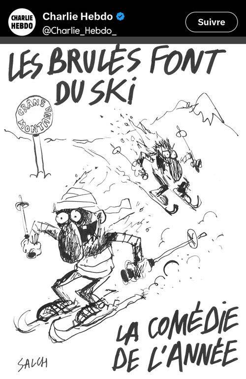 스위스 화재 참사 희생자들 풍자 만평 (사진=샤를리 에브도 엑스(X·옛 트위터) 캡처, 연합뉴스)