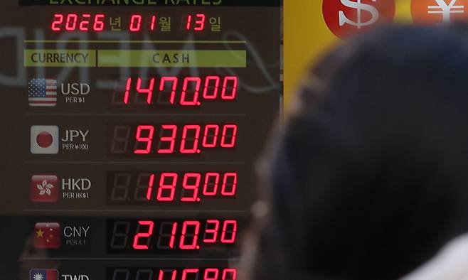 원·달러 환율이 다시 1470원대로 올라선 13일 서울 중구 명동 환전소에 환율 시세가 표시되어 있다. 뉴시스