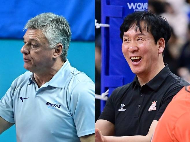 대한항공 헤난 달 조토 감독(왼쪽)은 최근 3연패에도 선수들을 신뢰했고, 신영철 OK저축은행 감독은 선두 대한항공을 상대로 준비한 배구를 하는 것이 중요하다고 밝혔다. 사진제공｜KOVO