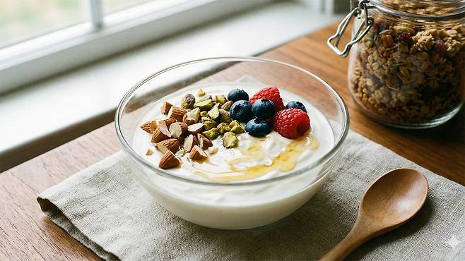 그릭 요거트에는 단백질, 프로바이오틱스, 칼슘, 비타민B가 함유돼 있다｜출처: Gemini 생성