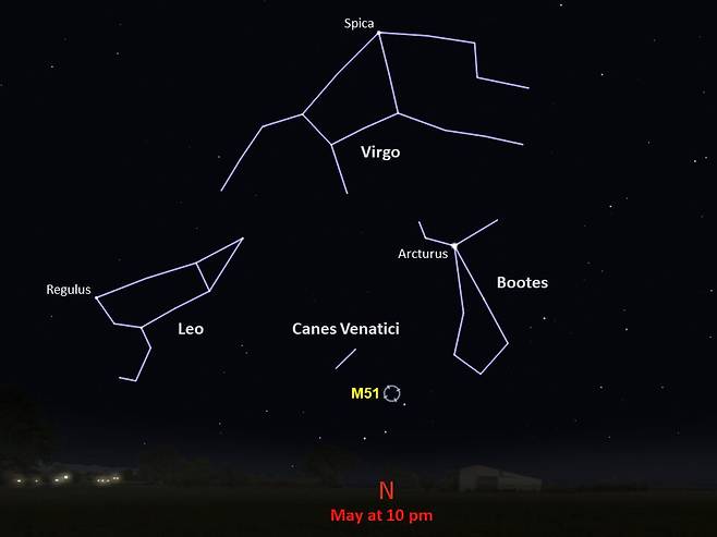 M51 소용돌이 은하는 지구에서 3100만 광년 떨어진 사냥개자리(Canes Venatici)에 있다. 그 위로 사자자리(Leo)와 처녀자리(Virgo), 목동자리(Bootes)가 보인다./NASA