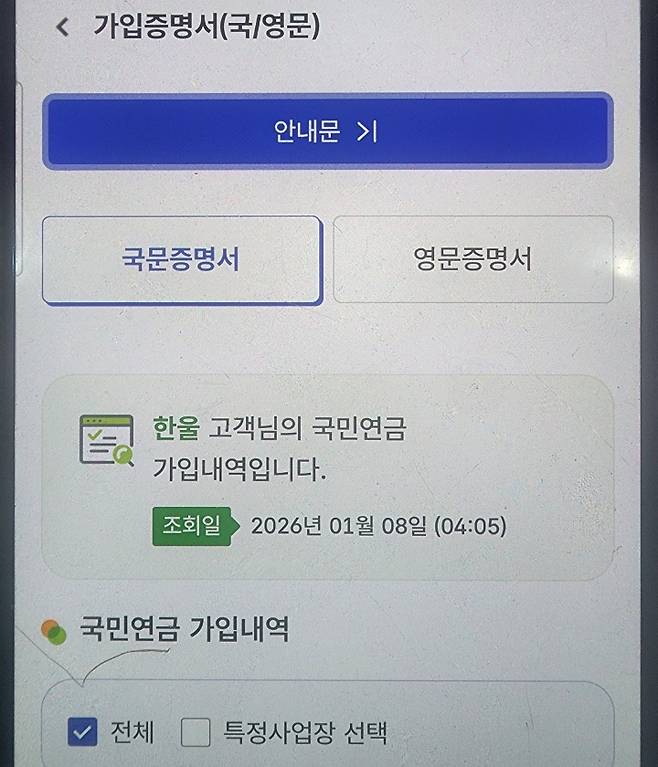 국민연금 가입증명서(국·영문) 발급 화면