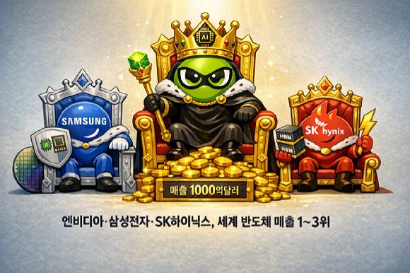 가트너 집계에 따른 2025년 글로벌 반도체 기업 매출 상위 1~3위에 오른 엔비디아, 삼성전자, SK하이닉스. [사진=챗GPT]