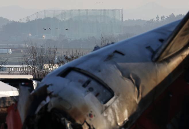 The remains of a Jeju Air aircraft that crashed at Muan International Airport in South Jeolla on Dec. 29, 2024, are pictured on Jan. 3, 2025. [NEWS1]