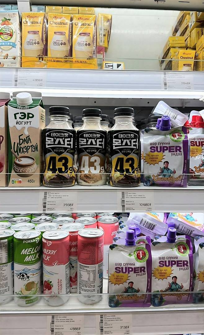 몽골 마트에 진열된 '테이크핏 몬스터' [남양유업 제공]