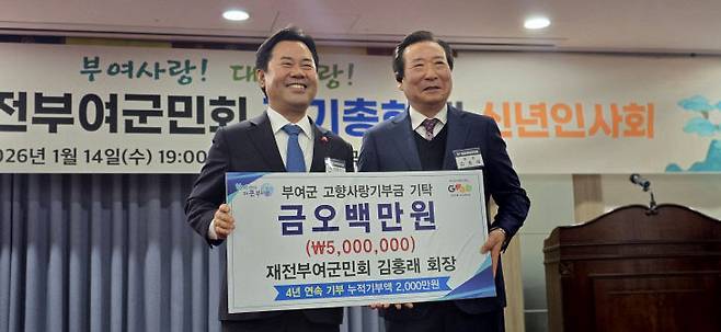 박정현 부여군수(사진 왼쪽)에게 김홍래 재전부여군민회장이 부여군 고향사랑기부금 500만원을 기탁하고 있다.