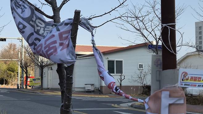 지난 14일 포항시 북구 흥해읍 한 주택가에서 강풍에 찢어진 현수막이 가로수에 휘감긴 채 펄럭이고 있다.