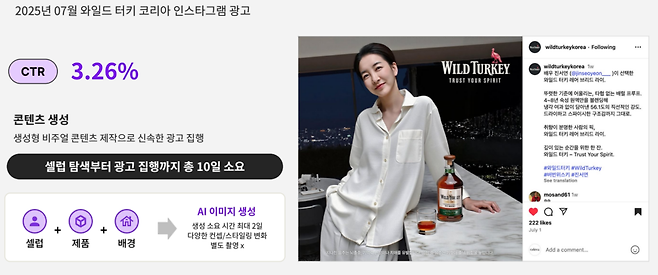 지난해 7월 셀러뷰를 통해 진행된 와일드 터키(Wild Turkey) & 진서연 배우 인스타그램 광고. (이미지=알리고AI)