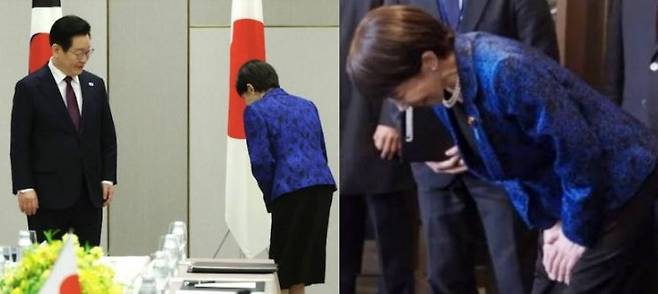 다카이치 사나에 일본 총리가 지난 13일 일본 나라현 한일 정상회담장에서 이재명 대통령과 악수 후 자리로 향하기 전 국기에 예를 표하고 있다. 오른쪽은 같은날 다카이치 총리가 호텔 입구에서 이 대통령을 맞이하며 90도로 인사하는 모습. AFP연합뉴스·글로벌타임스