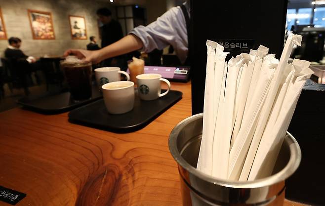 18일 서울 시내 한 카페에 진열된 일회용 빨대. 2025.12.18/뉴스1