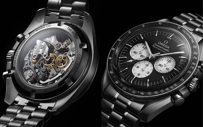 태엽을 직접 감아 동력을 축적하는 수동 크로노그래프 무브먼트를 백케이스로 직접 볼 수 있다. 사진 오메가
