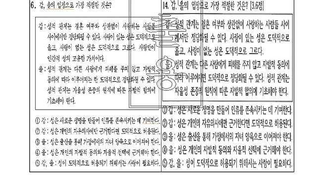 서울 송파구의 고교 교사 A씨가 사교육 업체에 제공한 문항을 본인이 재직 중인 고교의 중간·기말고사에 그대로 출제한 혐의 등으로 기소됐다. 왼쪽이 사교육 업체에 제공한 수능 모의고사 문항, 오른쪽이 학교 시험 출제 문항. 검찰 공소장, 박준태 의원실 제공