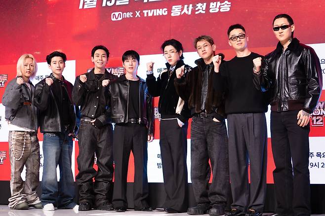Musicians featuring as producers of the twelfth season of Mnet's ″Show Me The Money″ hip-hop competition program pose for photos during a press conference held in southern Seoul on Jan. 15. From left: Lil Moshpit, Jay Park, Loco, Gray, Zico, Crush, Hukky Shibaseki and J-Tong.[DANIELA GONZALEZ PEREZ]