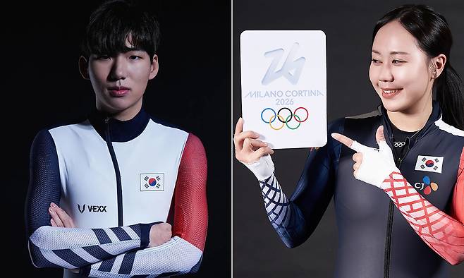 한국 스피드스케이팅 국가대표 정재원(왼쪽)과 박지우가 2월 열리는 2026 밀라노·코르티나담페초 동계올림픽 매스스타트 종목에서 남녀 동반 메달 획득에 도전한다. 두 선수 모두 이번이 세 번째 올림픽 출전이라 의미가 남다르다. 브리온컴퍼니·700크리에이터스 제공