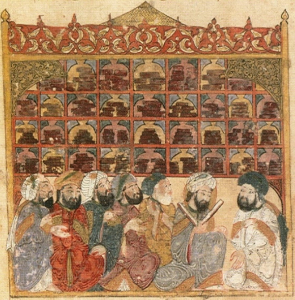 바그다드 '지혜의 집(Bayt al-Ḥikma)' 상상도. 그리스·페르시아·인도 지식을 번역·재구성하여 제국 행정과 상업에 적용했던 국가적 지식 생산의 중심 공간.(출처: 유네스코 과학사 연구 기반 현대 복원 이미지)