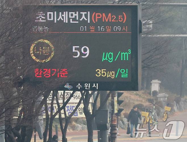 전국 곳곳이 짙은 안개와 먼지가 뒤엉키면서 초미세먼지농도가 '나쁨' 수준을 보인 16일 경기 수원시 영통구 일대가 안개와 미세먼지로 인해 뿌연 모습을 보이고 있다. 2026.1.16/뉴스1 ⓒ News1 김영운 기자
