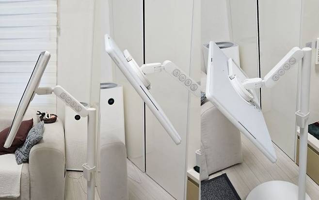 삼성전자의 무선 이동식 스크린 '더 무빙스타일'의 스크린과 킥 스탠드 각도를 다양하게 조정한 모습. 박준이 기자