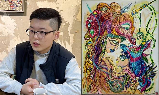 이번 출품작에 대해 설명하는 양예준 작가와 그의 작품./사진=러쉬 촬영, 양예준 작가 제공