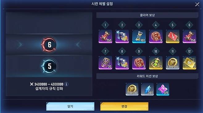 ▲ 6단계 보상 리스트, 3~6, 9, 12스테이지 클리어 보상과 리워드-마정석 보상은 5단계와 동일하다