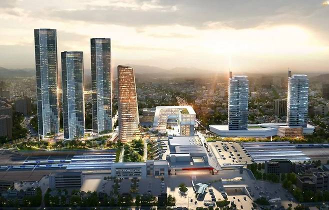 A bird's eye view rendering of mixed-use buildings that is to be under construction starting Feburary in areas near Daejeon Station. (Courtesy of Hanwha Corp.)