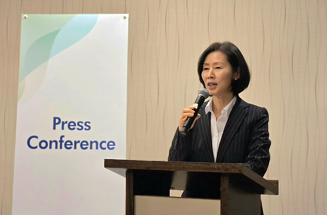 김경아 삼성에피스홀딩스 사장이 14일(현지시간) 미국 샌프란시스코에서 ‘JP모건 헬스케어 콘퍼런스’를 계기로 기자간담회를 개최했다. [삼성에피스홀딩스 제공]