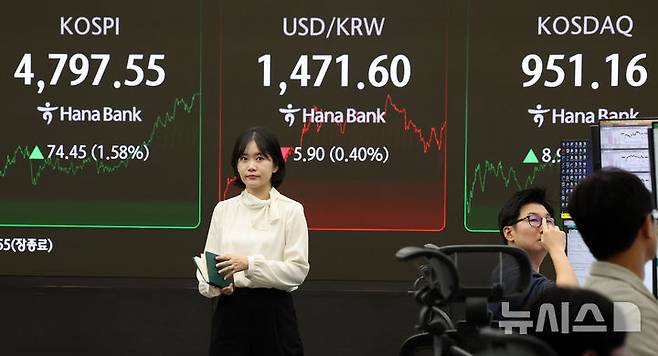 [서울=뉴시스] 이영환 기자 = 사진은 지난 15일 오후 서울 중구 하나은행 딜링룸 전광판에 지수가 표시돼 있는 모습. 2026.01.15. 20hwan@newsis.com